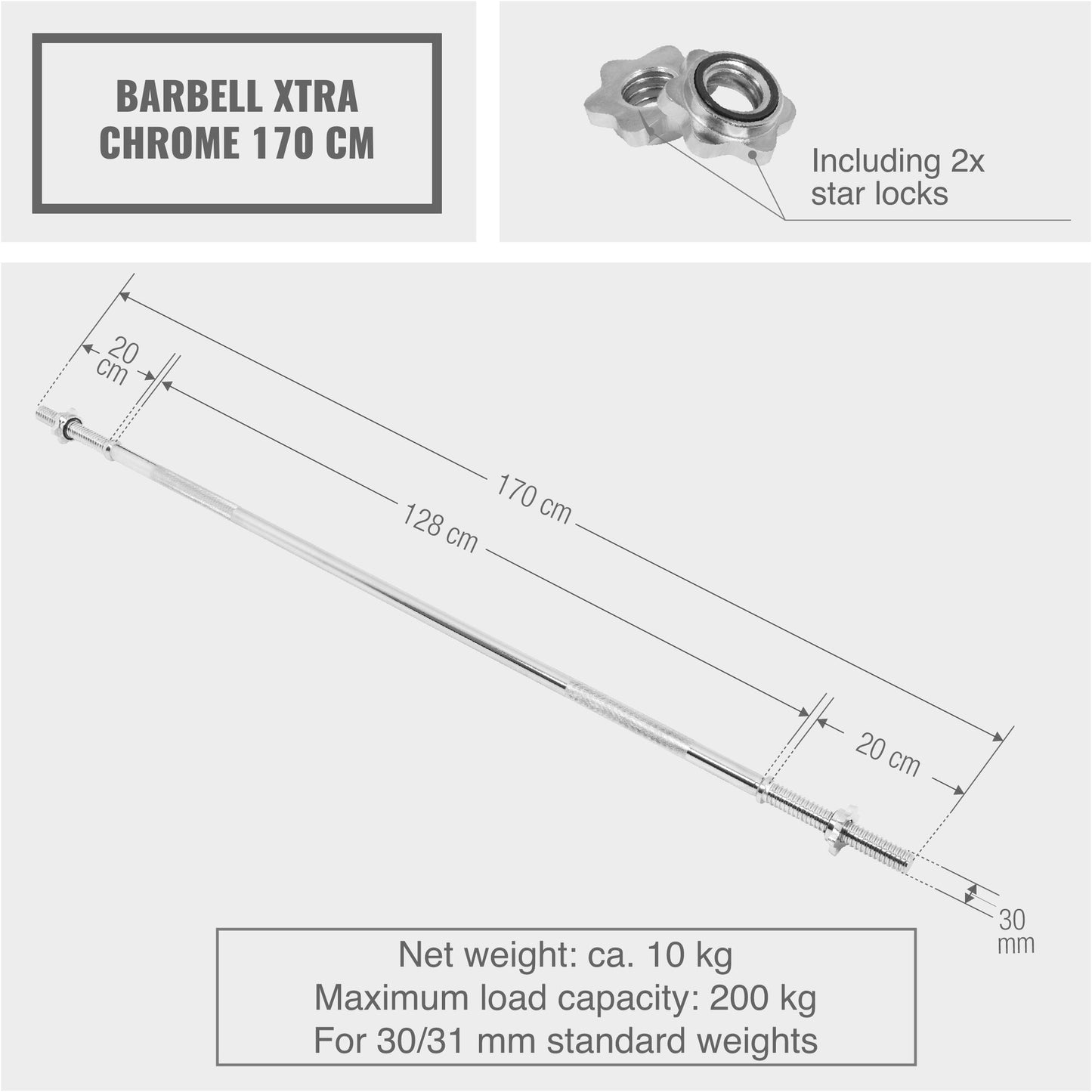 Chrome Barbell Bar 170 cm with Star Collars