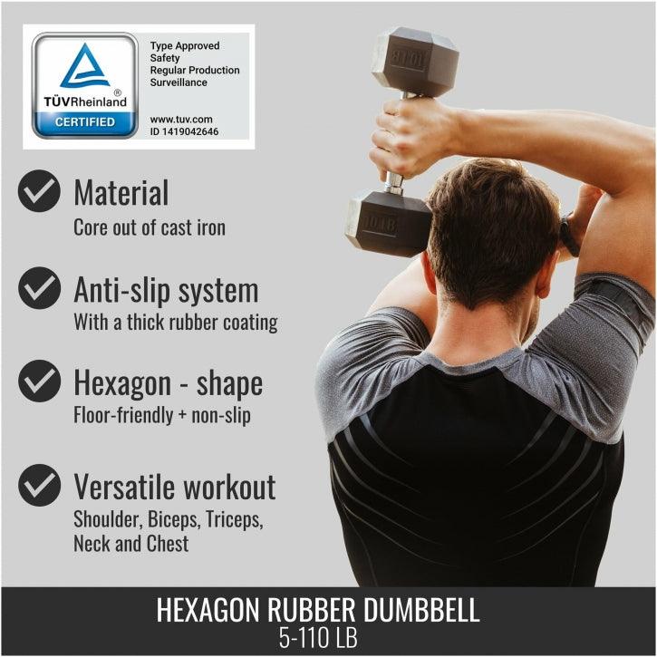 Hexagon Rubber Dumbbell 5 - 60 lb (2.3 - 27.2 kg)