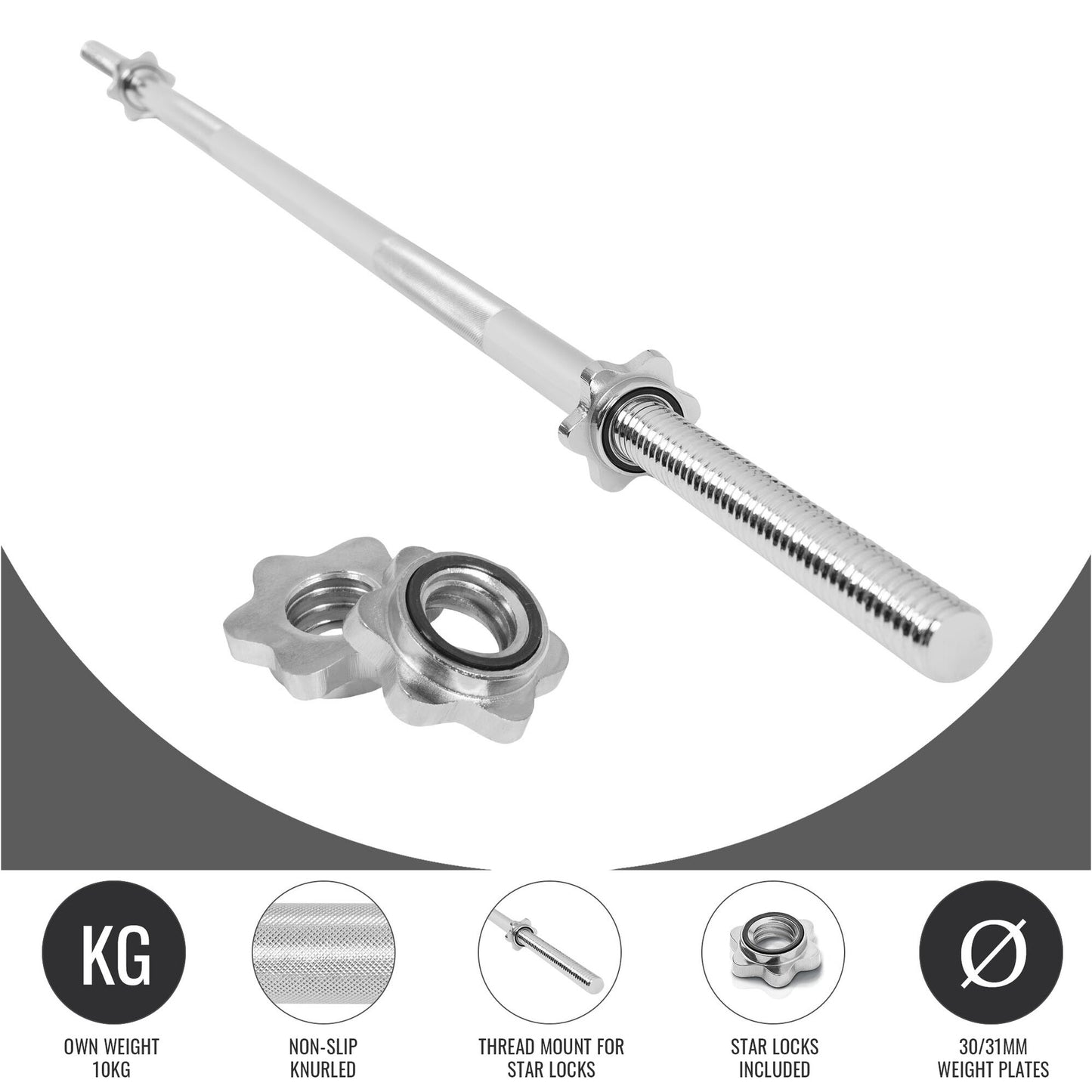 Chrome Barbell Bar 170 cm with Star Collars, Silver/Black