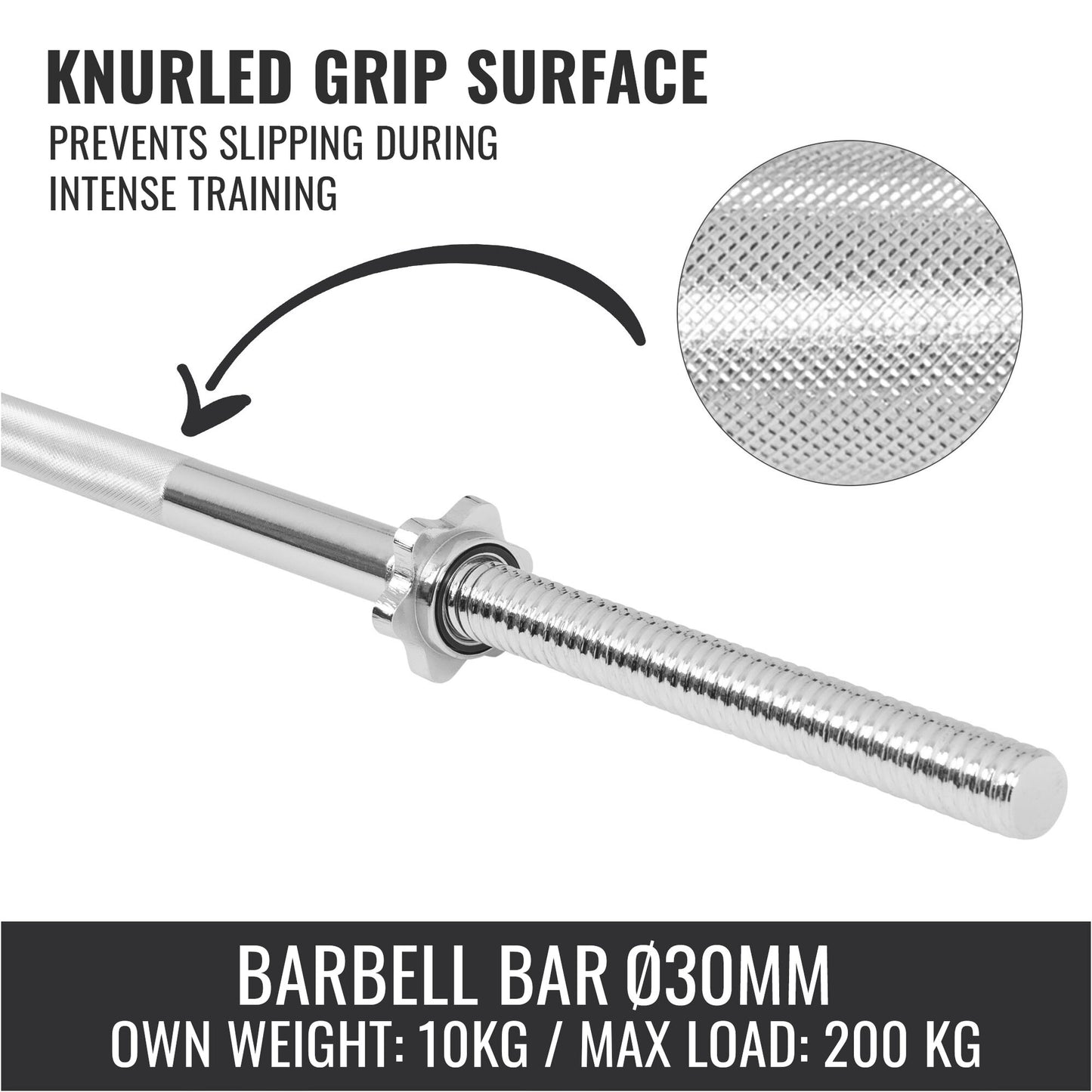 Chrome Barbell Bar 170 cm with Star Collars, Silver/Black