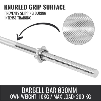 Chrome Barbell Bar 170 cm with Star Collars, Silver/Black