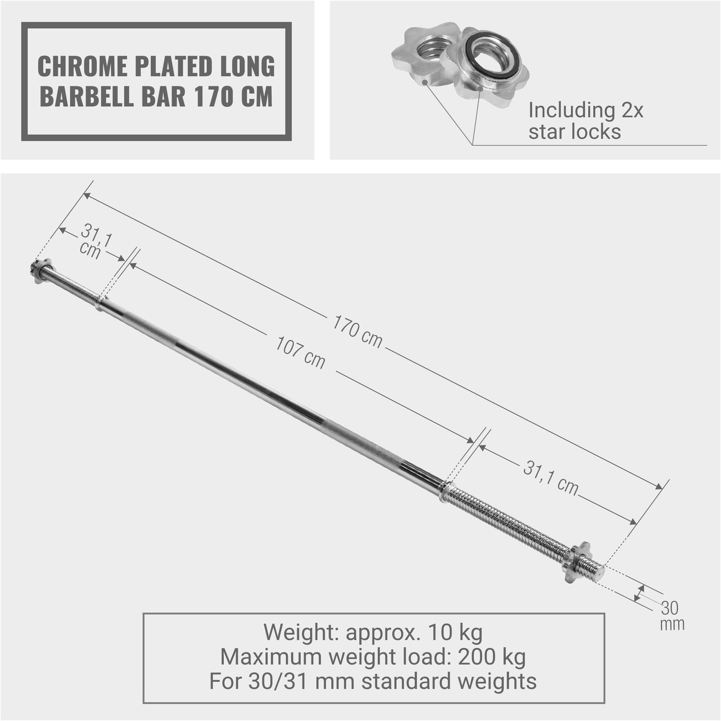 Chrome Barbell Bar 170 cm with Star Collars, Silver/Black