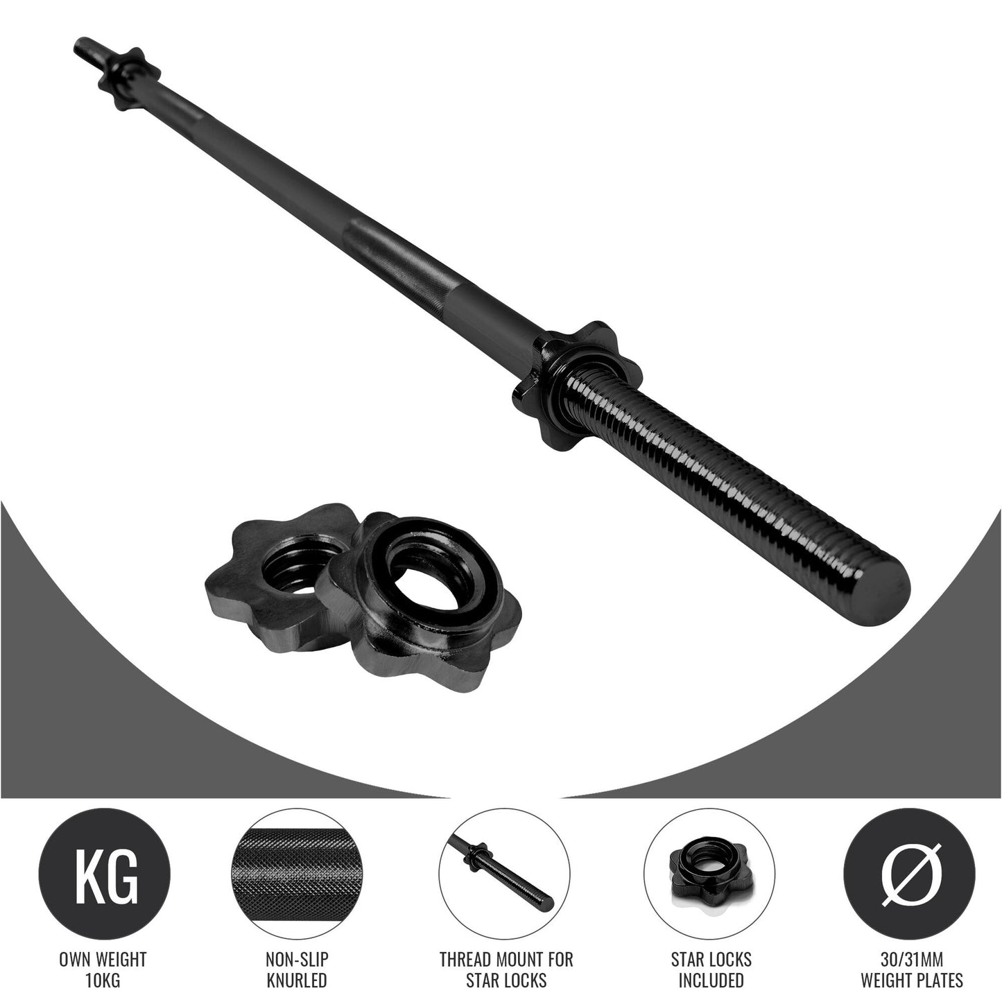 Chrome Barbell Bar 170 cm with Star Collars, Silver/Black