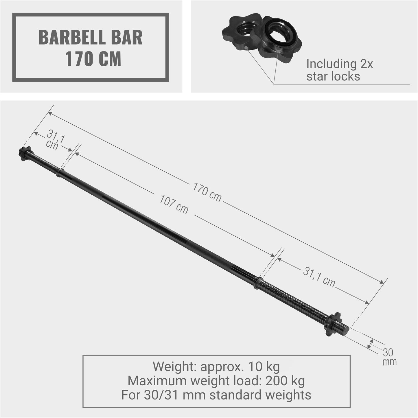 Chrome Barbell Bar 170 cm with Star Collars, Silver/Black