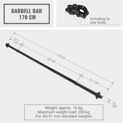 Chrome Barbell Bar 170 cm with Star Collars, Silver/Black