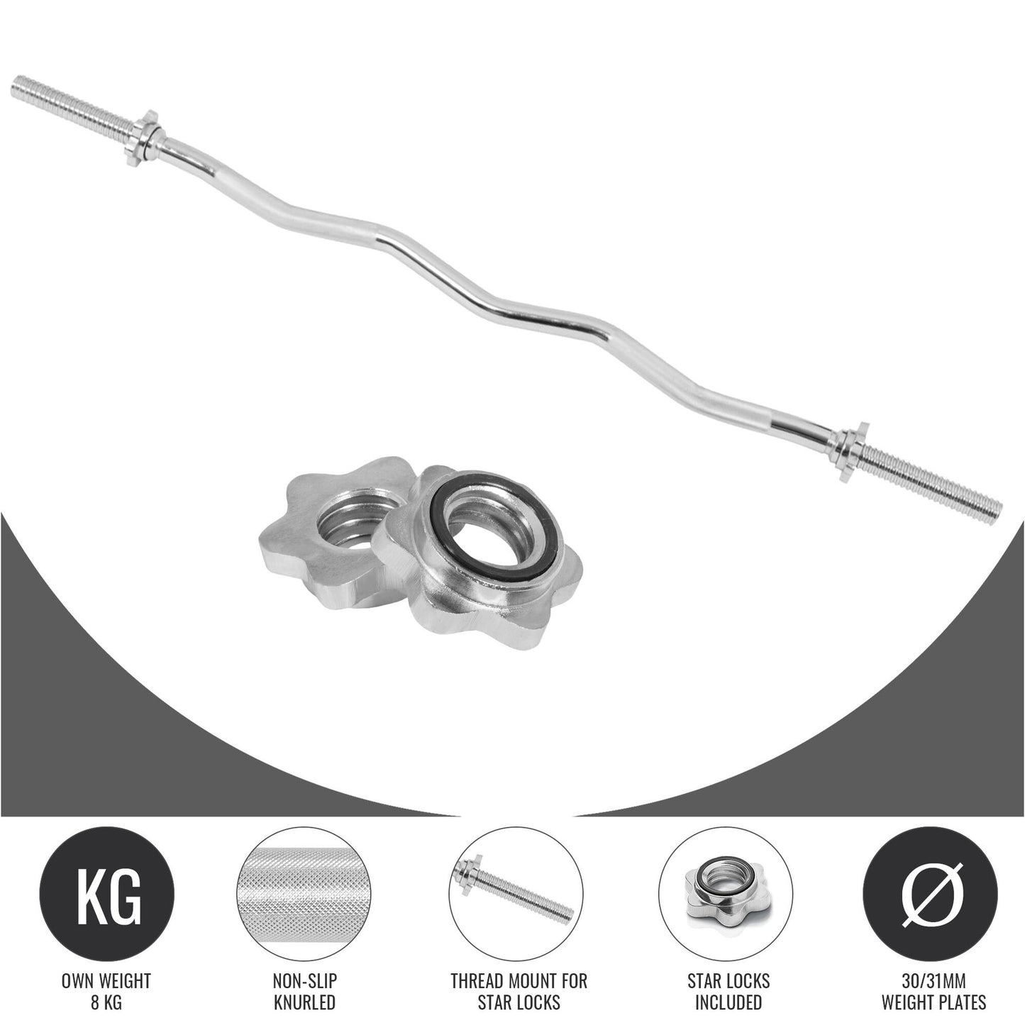 EZ Curl Bar 120 cm (4 ft) with Star Collars, Silver/Black