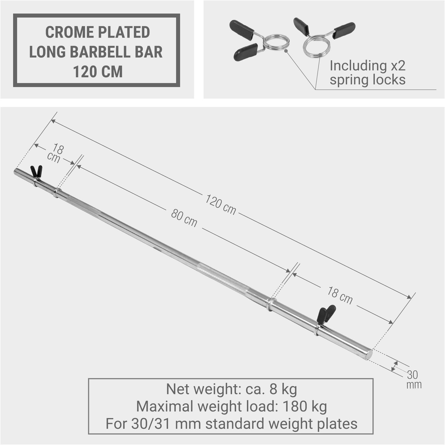 Chrome Barbell Bar 120 cm with Spring Collars