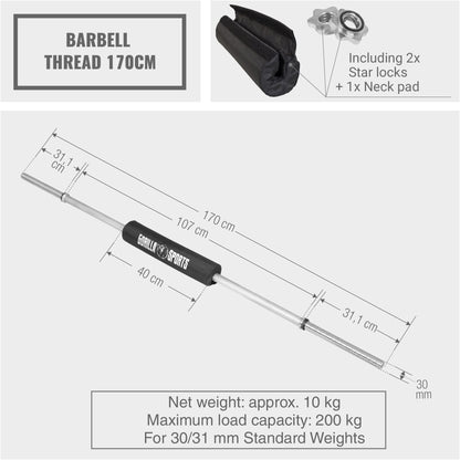 Barbell Bar 170cm with Neck Pad and Star Collars