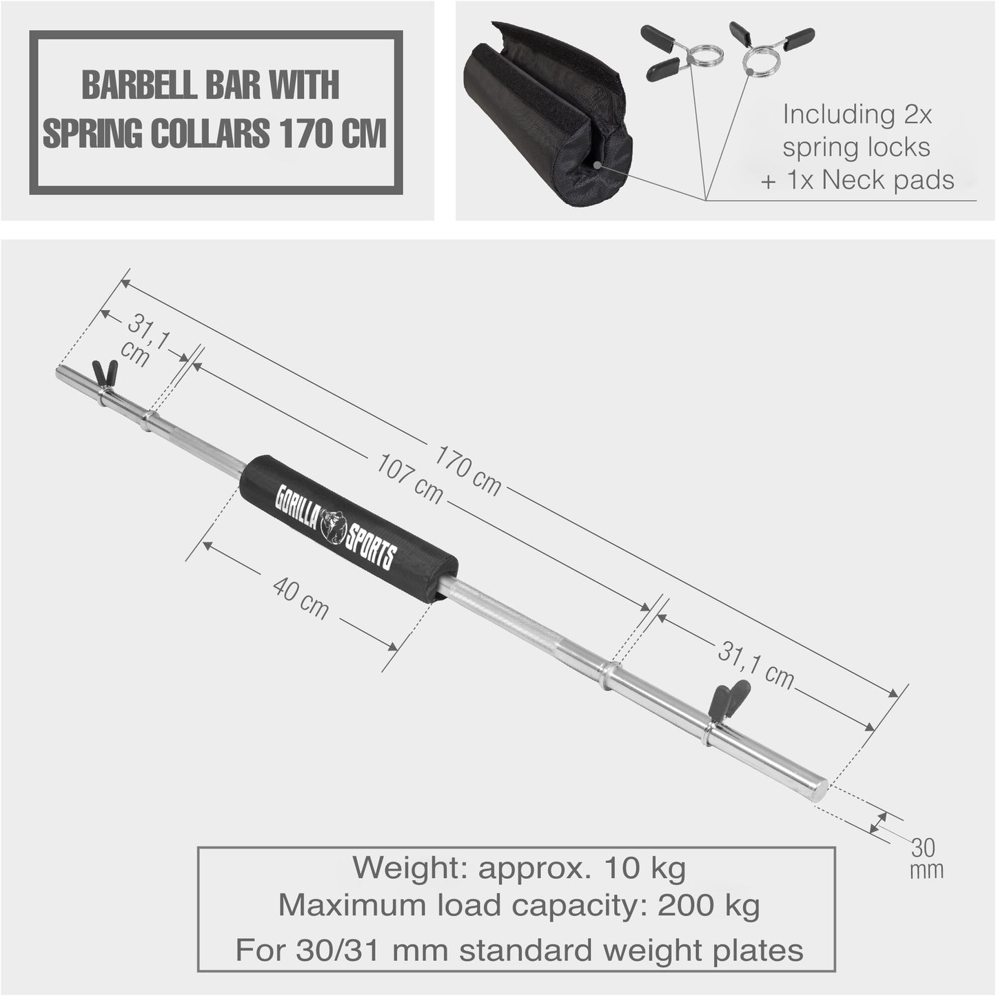Barbell Bar 170 cm (5.5 ft) with Neck Pad and Spring Collars