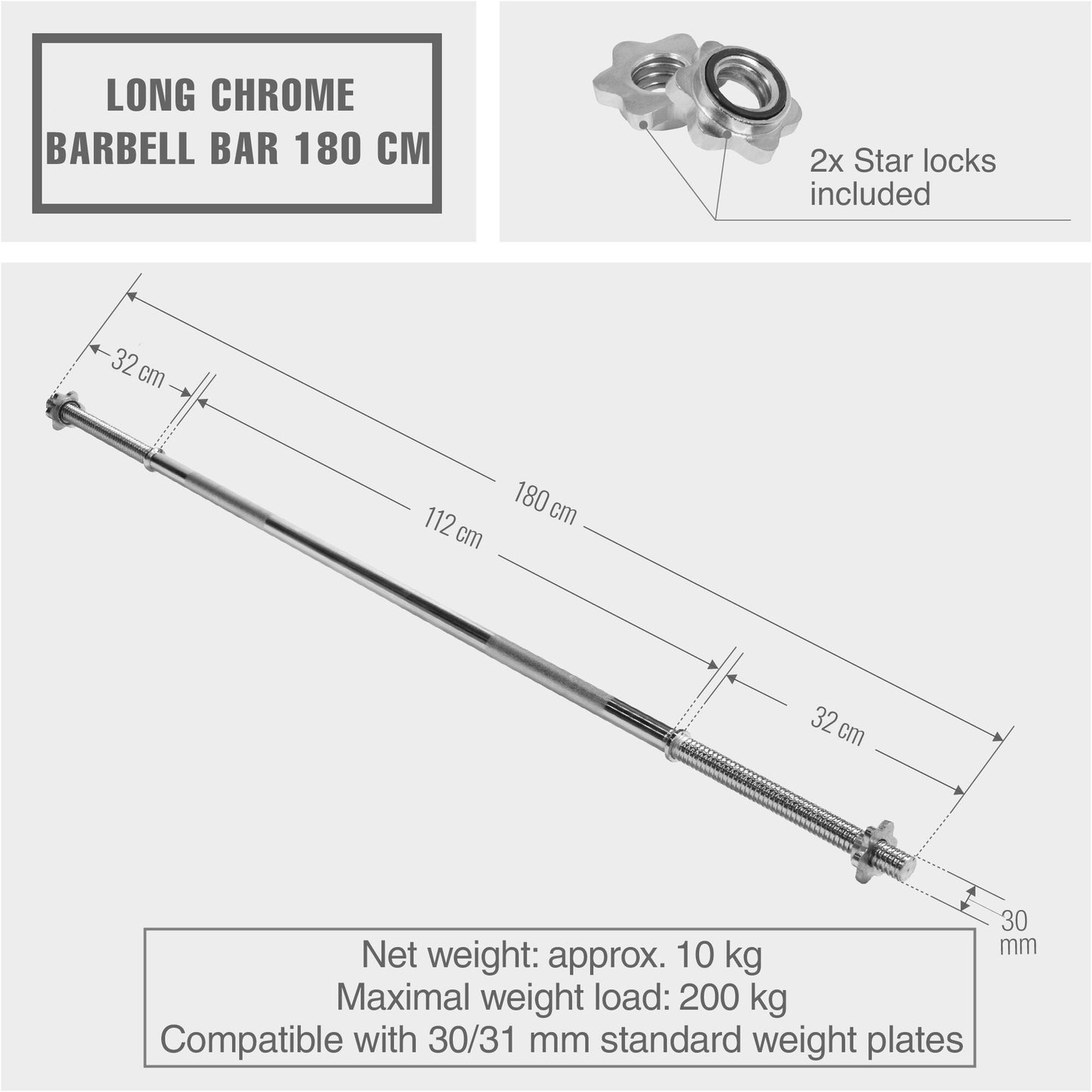 Chrome Barbell Bar 180 cm with Spring Collars