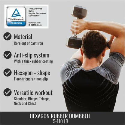 Hexagon Rubber Dumbbell 5 - 60 lb (2.3 - 27.2 kg)